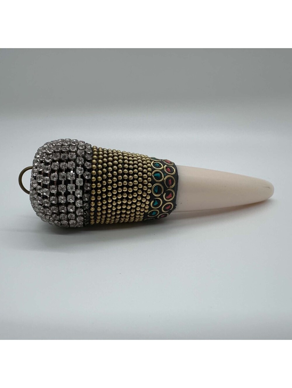 Boho Fashion Statement Pendant Large Tusk With Rhinestone Accent Metal Tones EUC